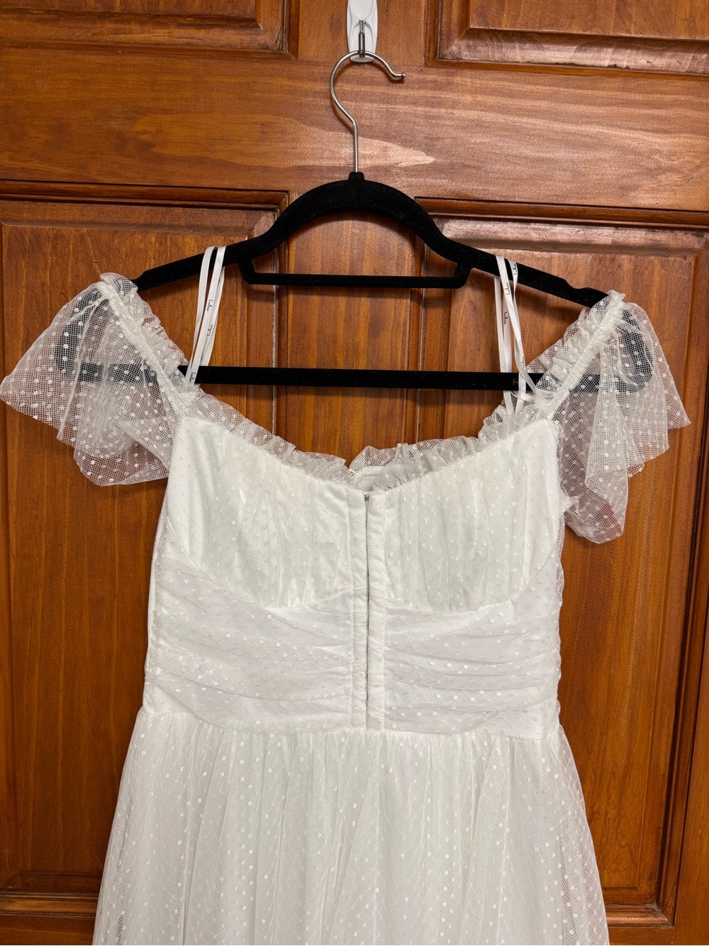 Lulus White Polka Dot Tulle Midi Dress M Square Neck Flutter Sleeve Zip - Picture 8 of 13